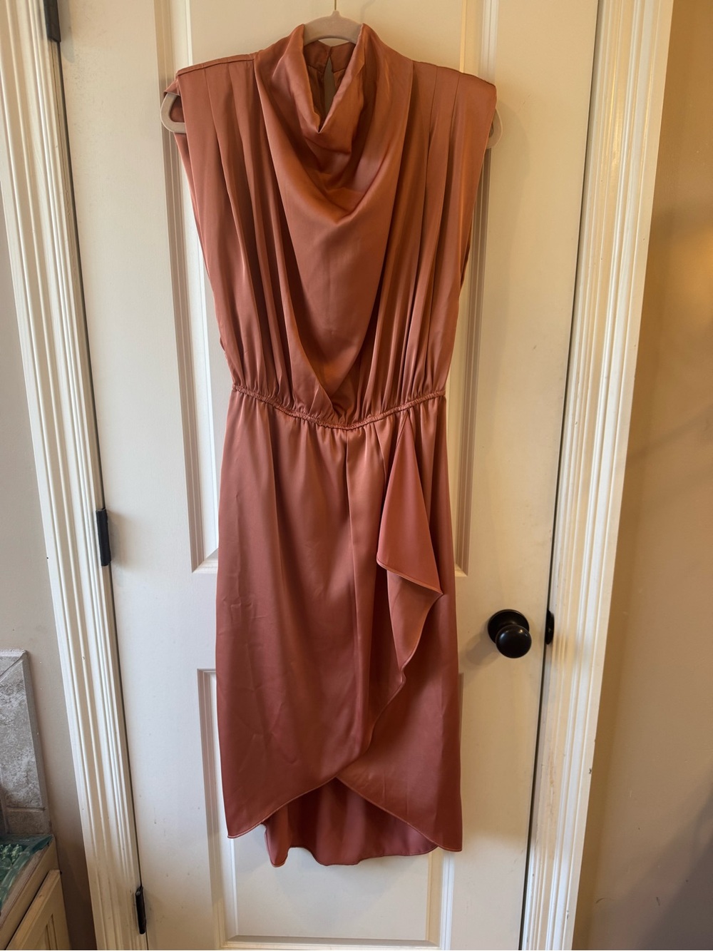 ENTRO Sleeveless Cowl Neck Driftwood Copper Midi Dress, NWT